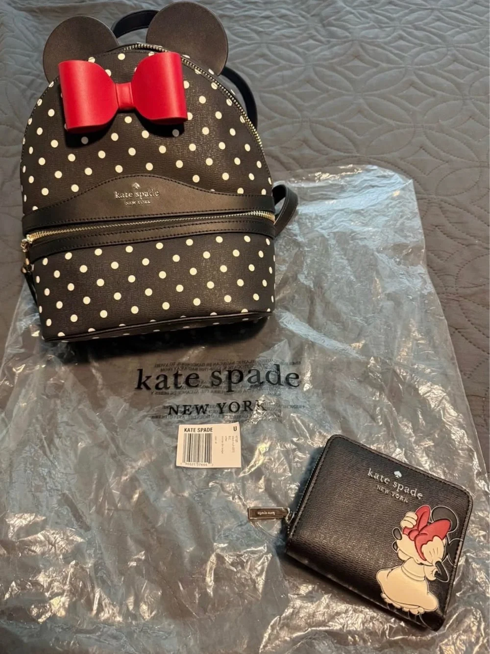 kate spade Black and White Polka Dot Backpack with Red Bow and wallet